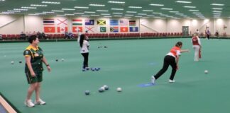 Play goes on in the World Bowls Indoor Championships at the impressive Bristol indoor bowls stadium