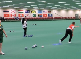 Play goes on in the World Bowls Indoor Championships at the impressive Bristol indoor bowls stadium